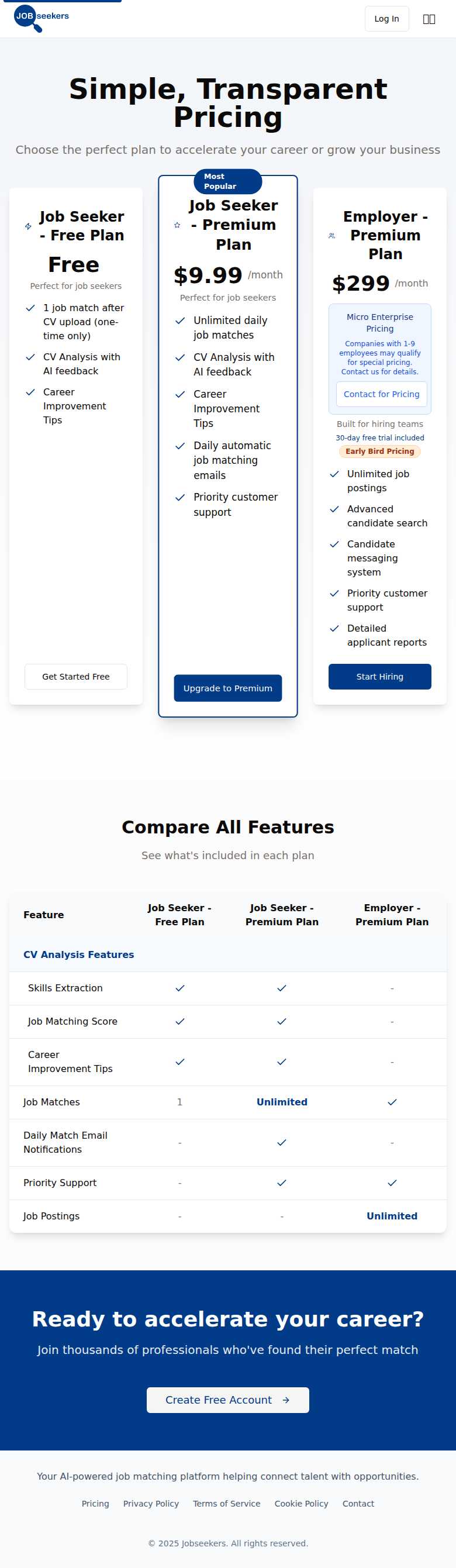 Jobseekers Pricing Page